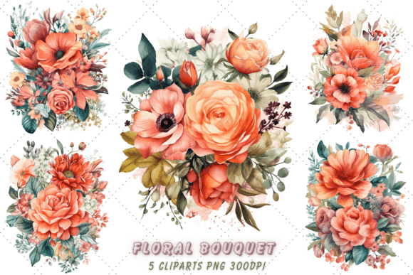 Download Coral Floral Bouquet Watercolor Clipart - Bouquet Collection