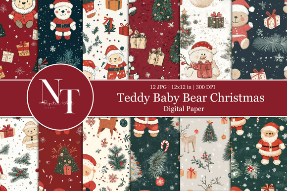 Download Boho Teddy Bear Christmas Digital Paper - Boho teddy bear Collection